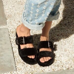 UGG Fuzz Yeah Black Fuzzy Slippers Buckle Accent 7